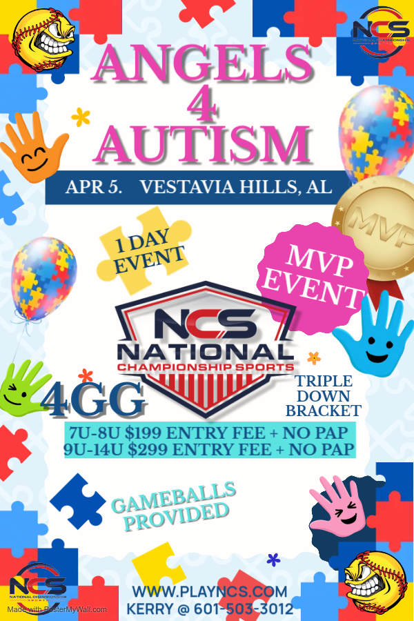 NCS- ANGELS 4 AUTISM - 1 DAY - 4GG - MVP EVENT-TRIPLE DOWN BRACKETS -NO PAP-GAME BALLS PROVIDED Logo