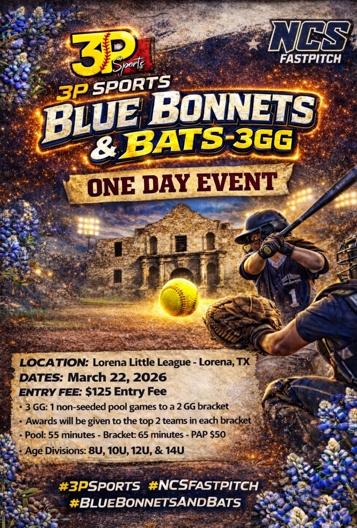 3P Sports - Blue Bonnets & Bats PLAY IN A DAY Logo