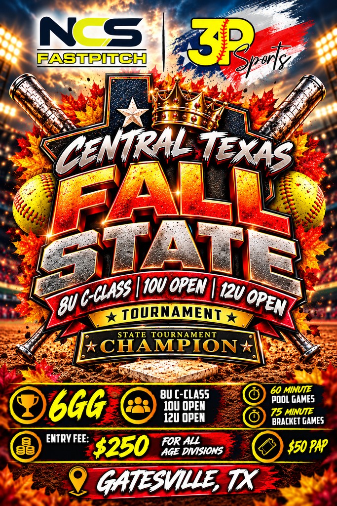 3P Sports - NCS CENTRAL TEXAS FALL STATE 8U C-CLASS - 10U OPEN - 12U OPEN **DOUBLE POINTS** Logo