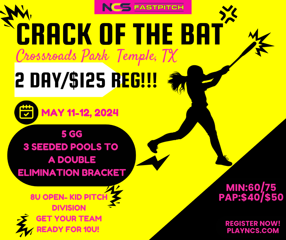 Crack of the Bat - 5GG **8U Open is KID PITCH** **8C is COACH PITCH** Logo