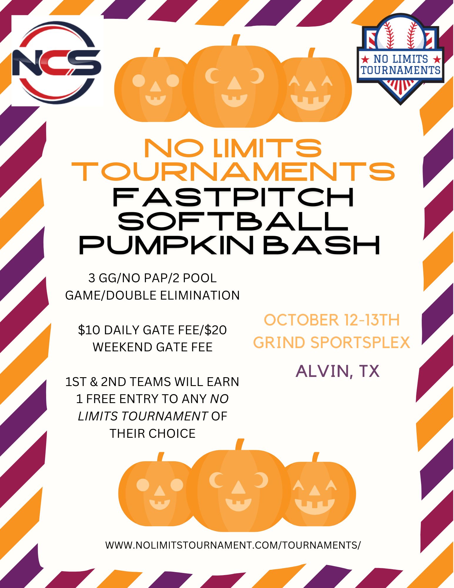 No Limits Tournament Presents Girls Fastpitch Softball Pumpkin Bash Open Logo