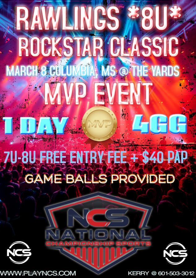 NCS -RAWLINGS *8U* ROCKSTAR CLASSIC -4GG-1DAY-MVP EVENT-FREE ENTRY FEE+40 PAP-2 POOL/DOUBLE ELIM Logo